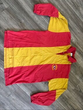 NFL Red and Gold Collared Rugby Shirt by The Edge DOES have LAUNDRY SOAP STAINS